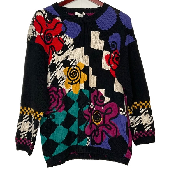 Christina Vintage Multi-Color Unique Designs Diamond Pattern Back Knit Sweater S - Picture 1 of 15